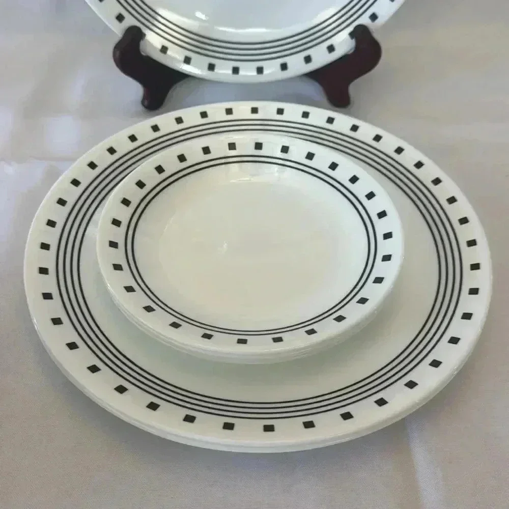 Corelle CITY BLOCK Dinnerware Set of 11 for 4, Modern MCM Black & White Dishes